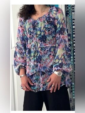 1990s Vintage Artistic Set: Sheer Floral Blouse & Its Scarf – Romantic Boho Mint